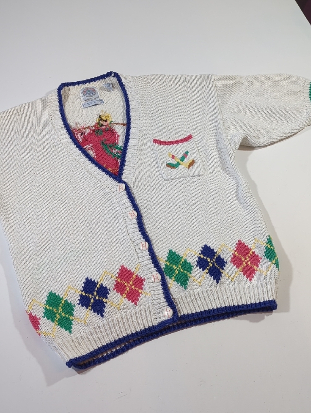 Vintage Cape Isle Knitters Baseball White Multicolor Argyle Knit Cardigan Large - Picture 6 of 13